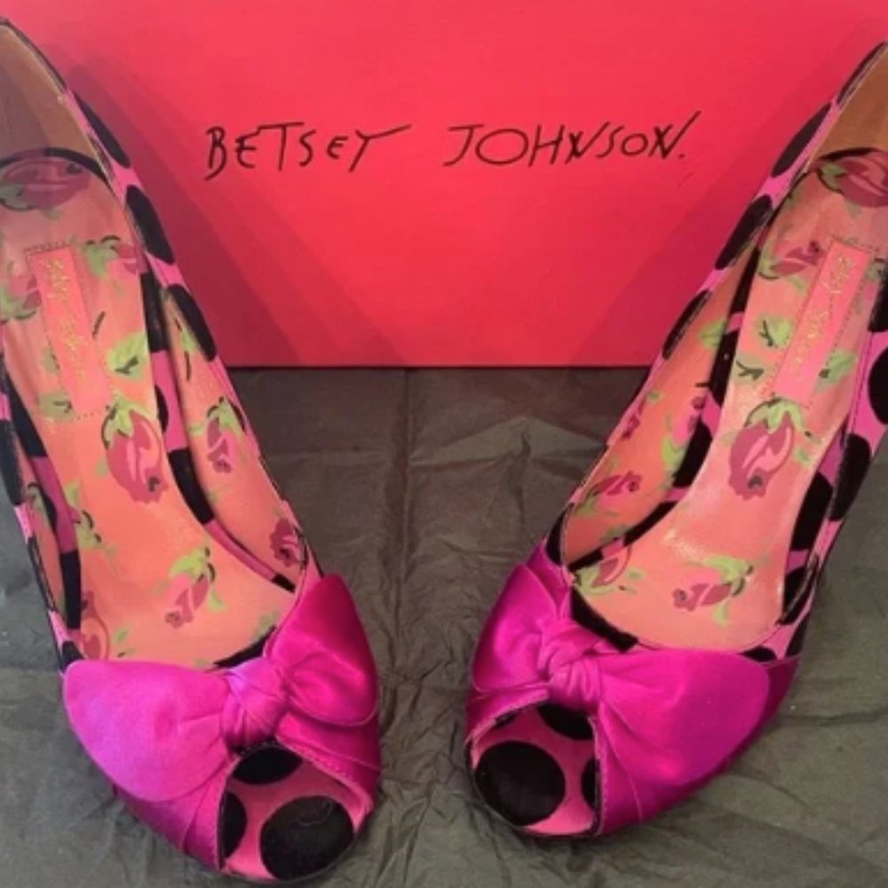 Betsy Johnson Pink and Black Velvet Polka Dot Peep Toe Wedge Heels